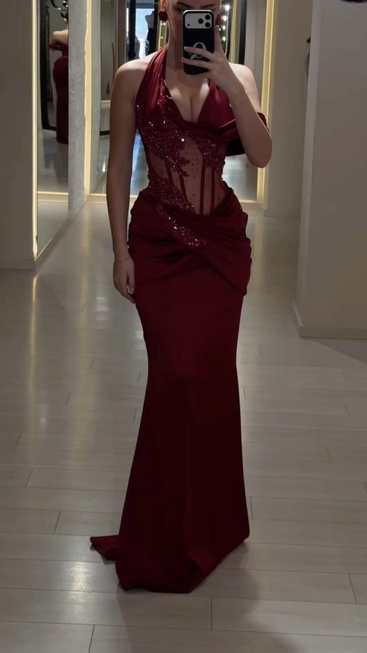 Sexy Abschlussballkleider Meerjungfrau Neckholder Burgund mit Perlen Abendkleid Lang Formales Kleid N4760