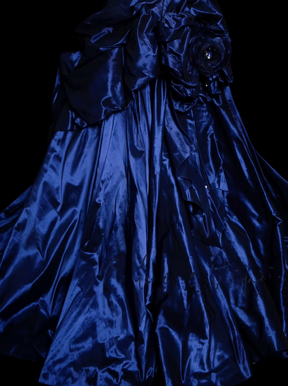Vintage Ballkleid, trägerlos, marineblau, Satin, langes Abendkleid für Abschlussball, Abiball, Kostüme N035