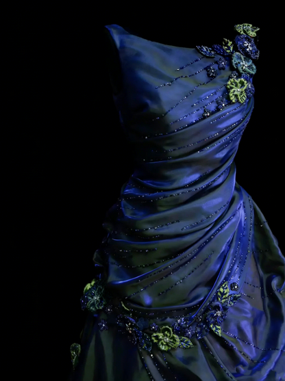 Elegantes Ballkleid Rundhals Marineblau Satin mit gestuften Lagen Rüschen Langes Partykleid Abendkleid N2231