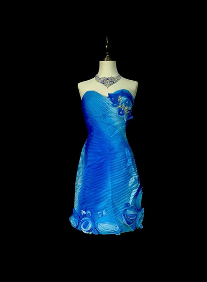 Robe fourreau vintage en mousseline bleue à décolleté cœur, style cabaret, courte, inspiration robe de bal N1353
