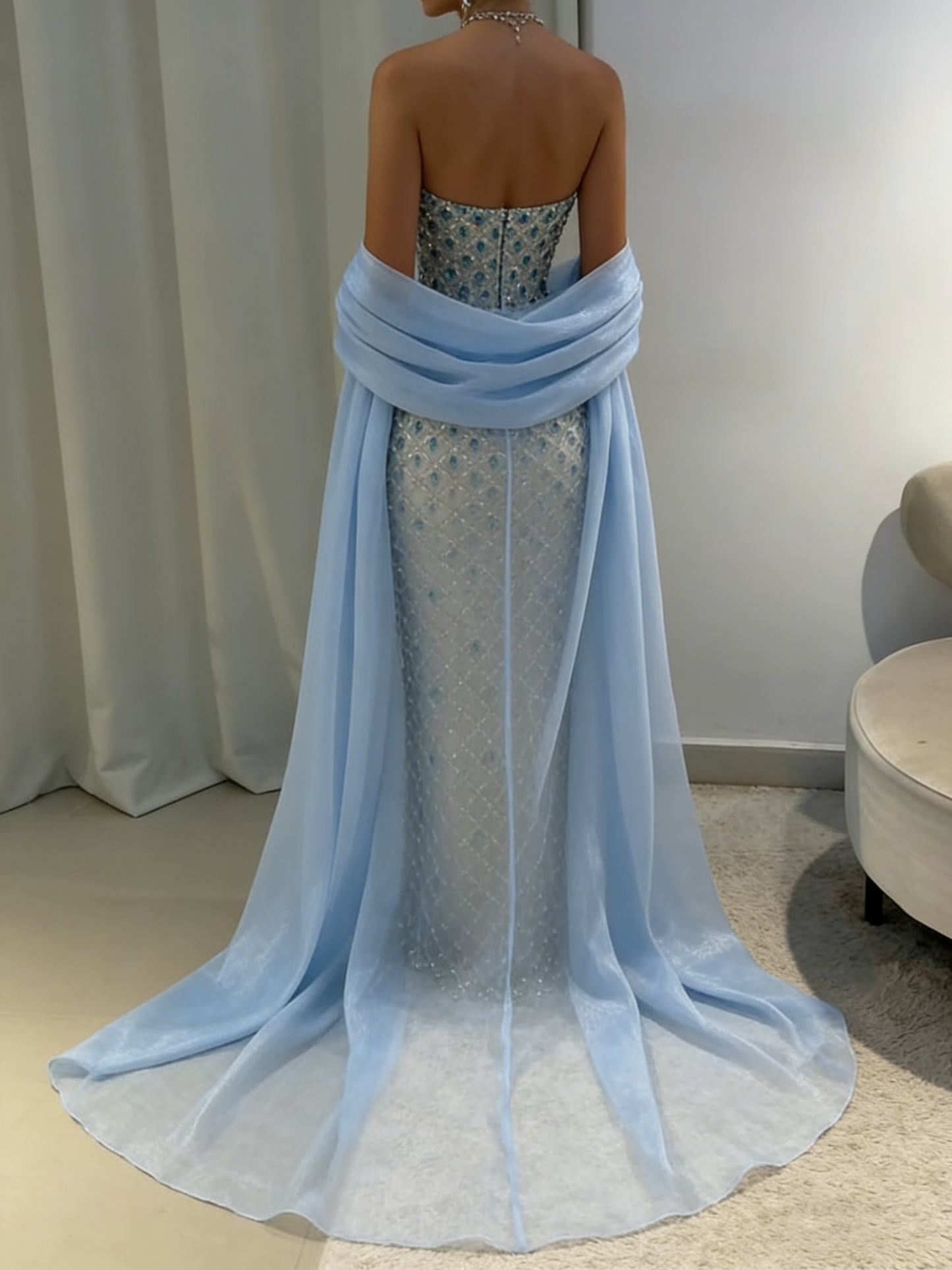 Modest Mermaid Strapless Blue Cape Sequin Long Prom Dresses Inspiration Prom Dress Senior Graduation Dress RB937