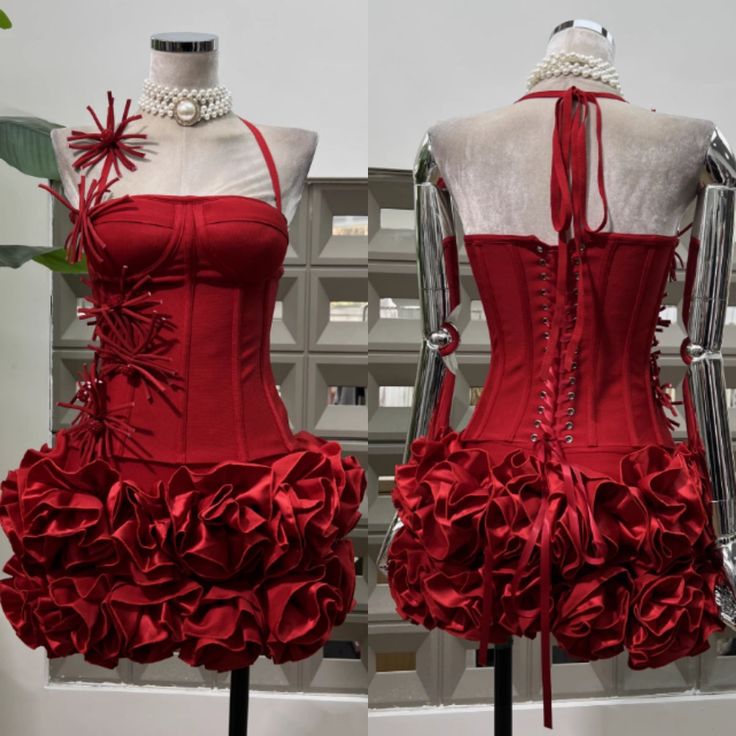 Sexy Scheide Neckholder Rot mit Blumen für schwarze Mädchen Mini-Heimkehrkleider Kurze Outfits zum 17. Geburtstag RB4235
