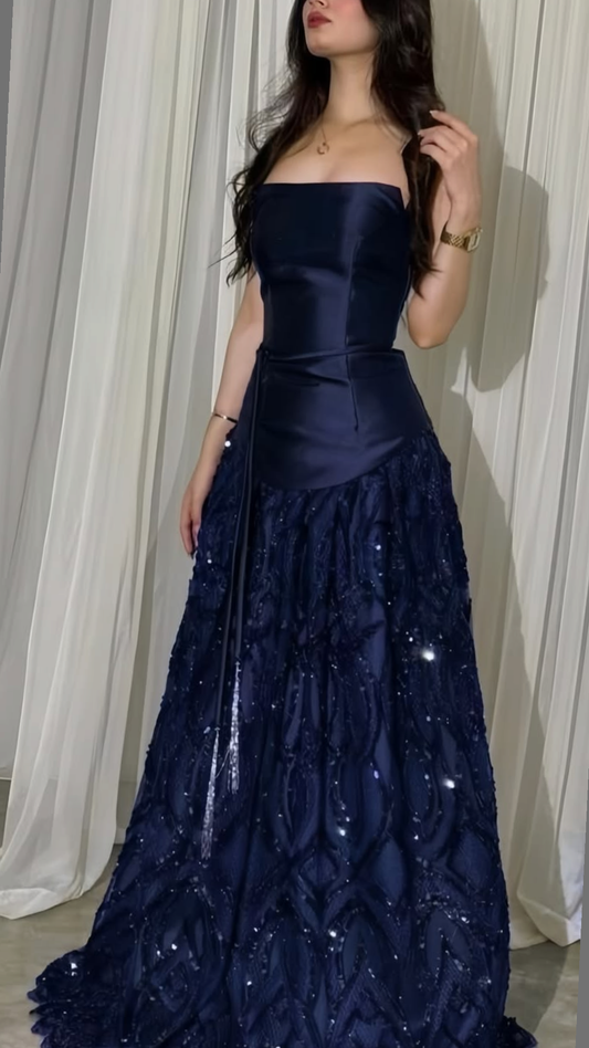 Chic A Line Strapless Navy Blue Lace Sleeveless Long Prom Dress Formal Dress Party Dresses RB7256