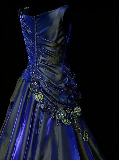 Elegantes Ballkleid Rundhals Marineblau Satin mit gestuften Lagen Rüschen Langes Partykleid Abendkleid N2231