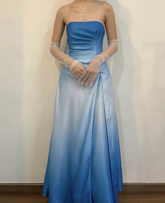 Vintage Y2K A-Linien-Abendkleid 2000er Blau Ombre Farbverlauf Trägerlos Festliches Kleid 21. Geburtstag Abschlussballkleider N2695