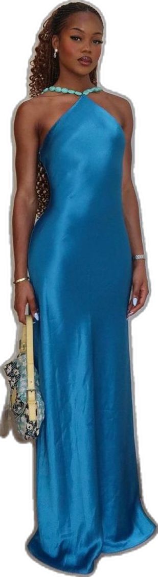 Sexy High Neck Blue Satin Long Prom Dresses Mermaid For Women N4182