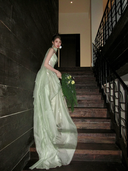 Simple A line Strapless Sage Green Shiny Satin Sage Green Prom Dress Aesthetic Long Graduation Dance Evening Outfits N056