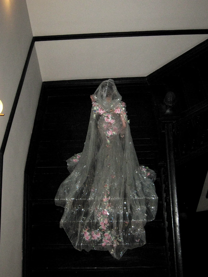 Robe de mariée sirène scintillante à col rond et dentelle à sequins floraux avec traîne, robe de mariée féerique N062
