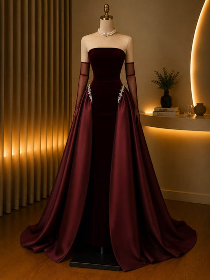 Burgundy Prom Dresses Inspiration Ball Gown Strapless Velvet Evening Gown Long Gala Formal Dress RC1490