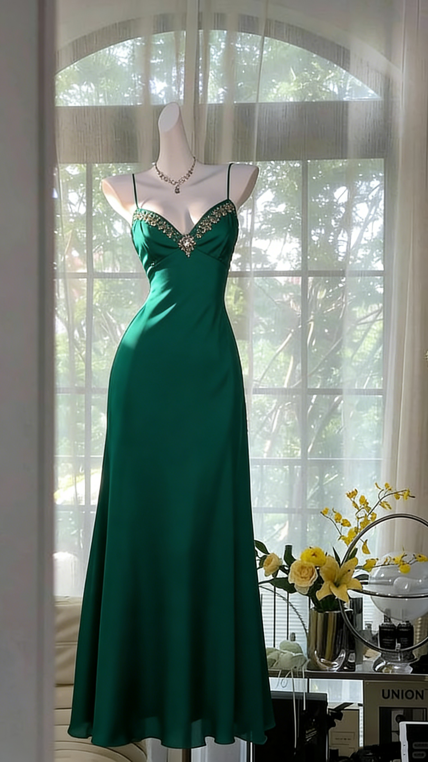 Robe de bal de fin d'année verte élégante à bretelles spaghetti et coupe trapèze, modèle N1240