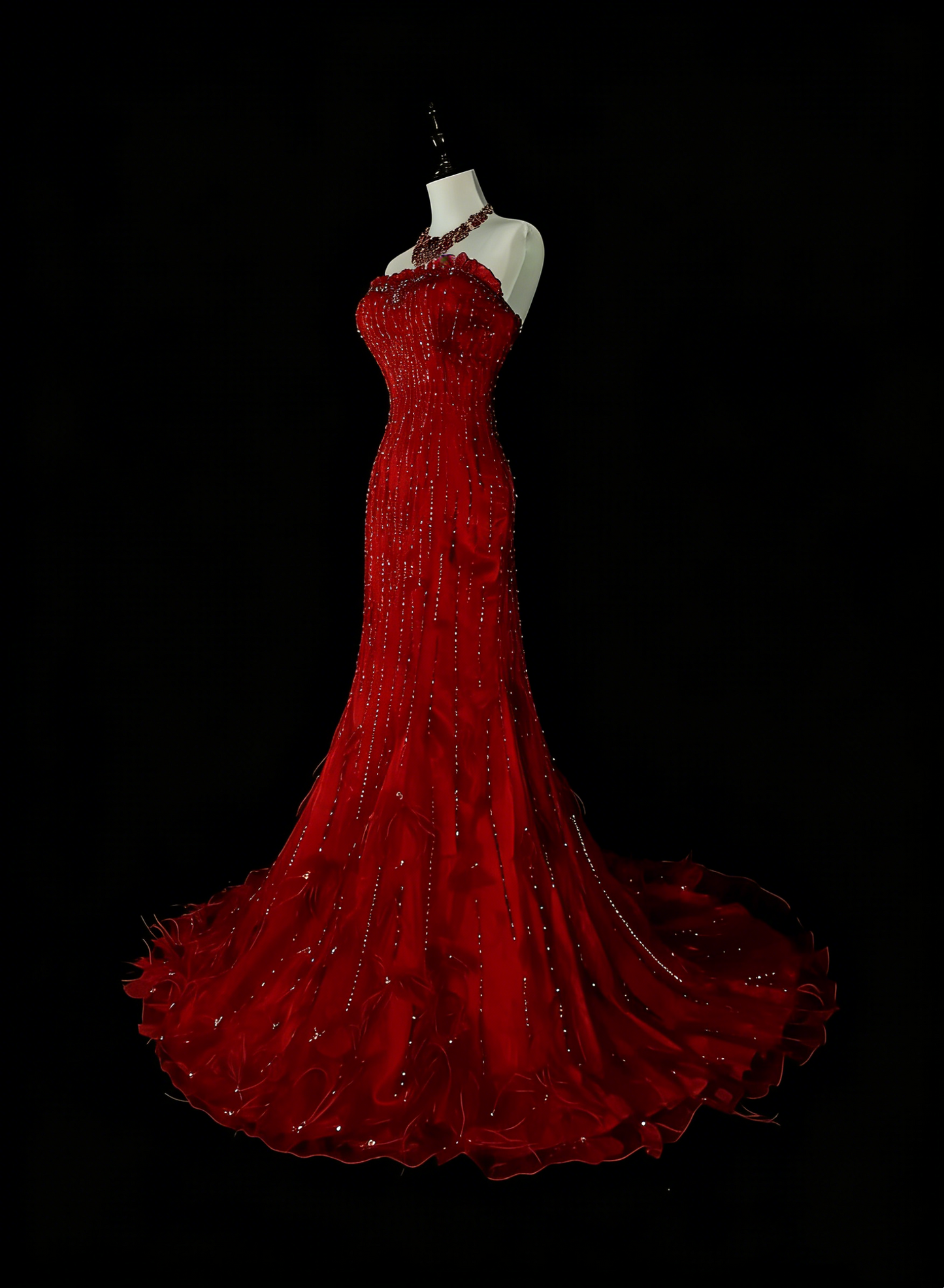 Robe de bal longue rouge sirène bustier vintage années 2000 avec perles argentées N1356