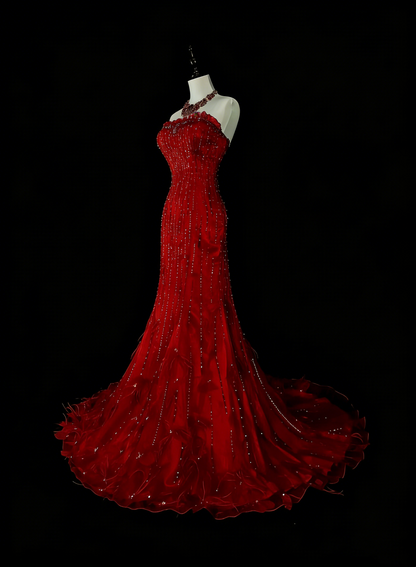 Robe de bal longue rouge sirène bustier vintage années 2000 avec perles argentées N1356
