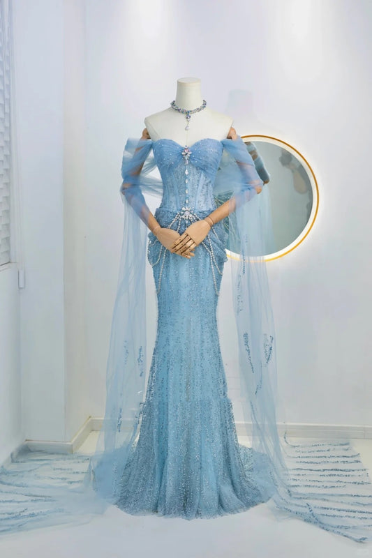 Glitzernde Meerjungfrau schulterfrei blau paillettenbesetzte lange Abschlussballkleider Partykleid Geburtstagsoutfits Abschlusskleid N2842