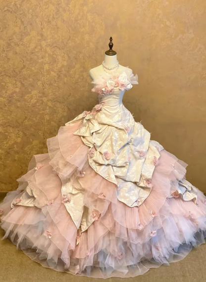 Pink Tiered Tulle Satin Strapless Sweet 16 Dress Ball Gown Sweet Sixteen Dresses RC0034