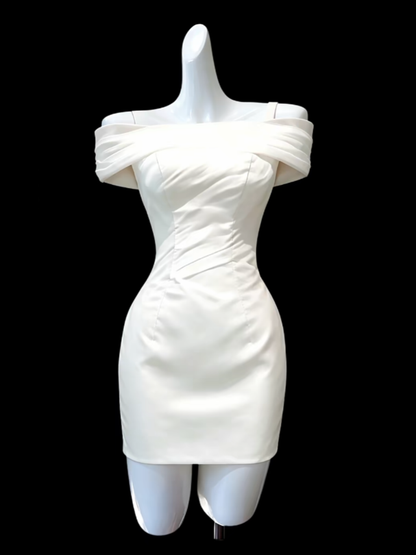 Charming Sheath Off The Shoulder Ivory Mini University Ideas Homecoming Dress Inspo Short 18th Birthday Dresses Senior Graduation Outfits RB7165