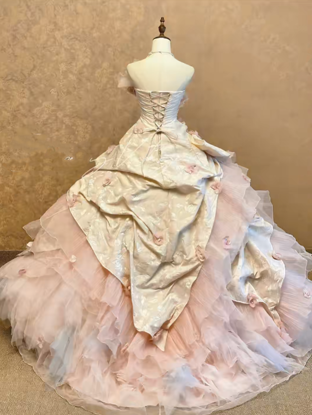 Pink Tiered Tulle Satin Strapless Sweet 16 Dress Ball Gown Sweet Sixteen Dresses RC0034
