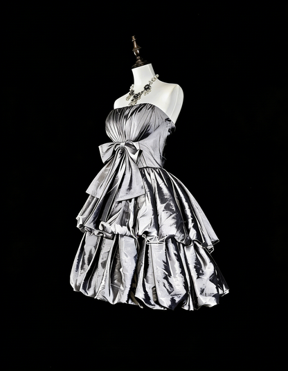 Einzigartiges Ballkleid, trägerlos, silbergrau, kurz, Homecoming-Kleid, Hoco Cocktailkleid N3070