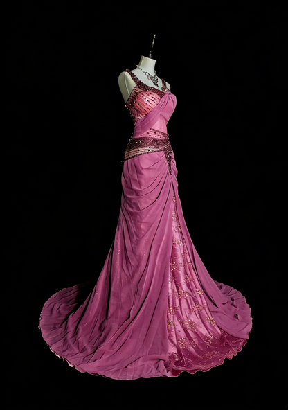Vintage Meerjungfrauen-Abendkleid aus den 1960er Jahren mit herzförmigem Ausschnitt, Trägern, ärmellos, aus rosa Satin, N1597