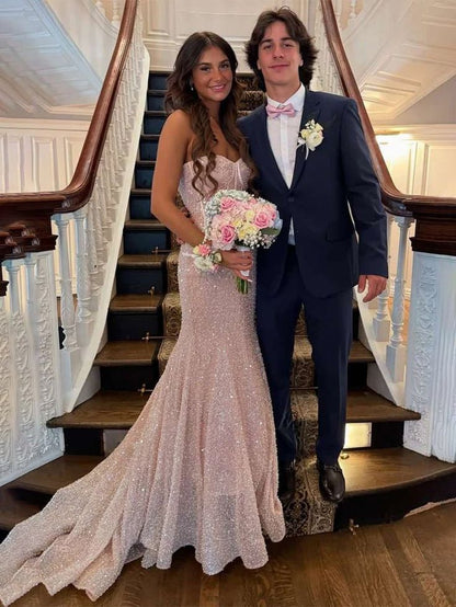 Shiny Blush Pink Sequins Mermaid Spaghetti Straps Long Beaded Prom Dress Party Gowns RB1672