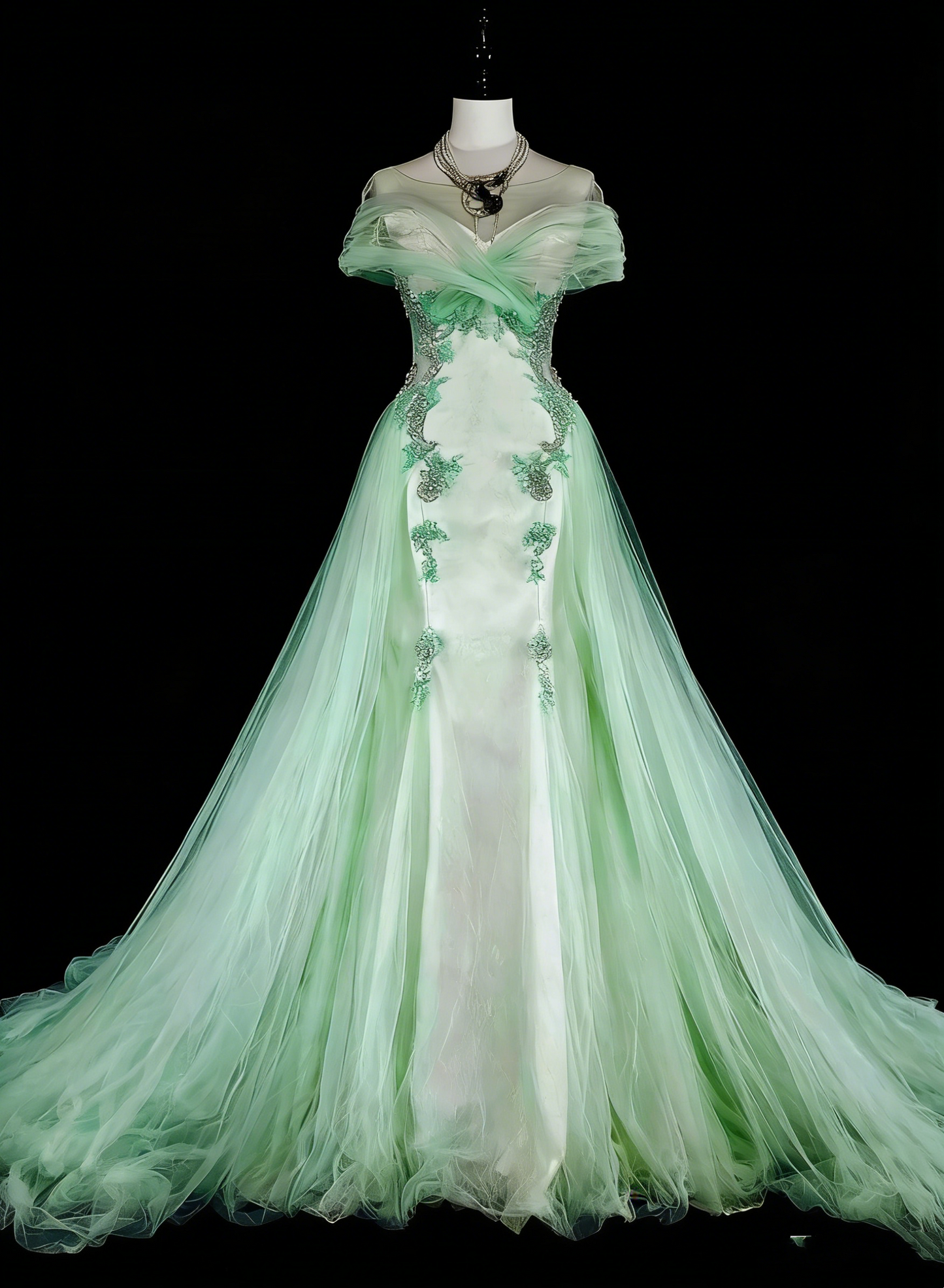 Robes de bal de rêve Vintage Années 80 Rétro Épaules dénudées Tulle Vert Menthe Dentelle Longues Tenues Formelles N2365