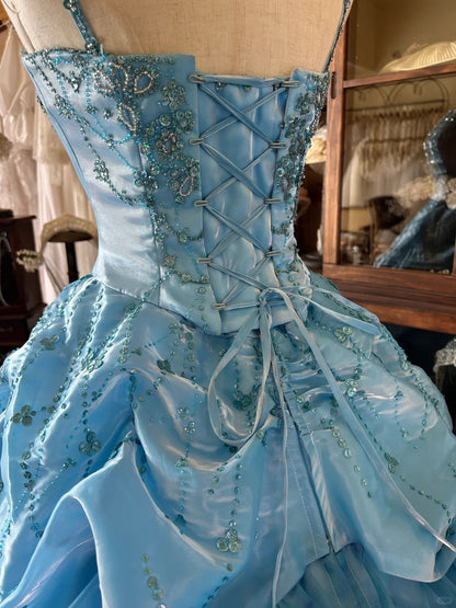 Vintage Ballkleid Spaghettiträger Blau Mit Lagen Stufen Sweet 16 Kleider Lang 15 Vestidos De Fiesta N2264