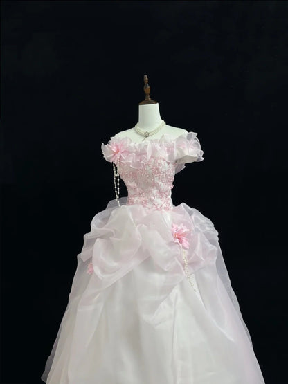 Pink Sweet 16 Dresses Long Ball Gown Off Shoulder With Ruffled Lace Sweet Sixteen Birthday Gown RC0230