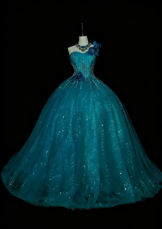 Vintage Ball Gown One Shoulder Blue Tulle Sweet 16 Dresses Quinceanera Dress Long 15 Vestidos De Fiesta N1481
