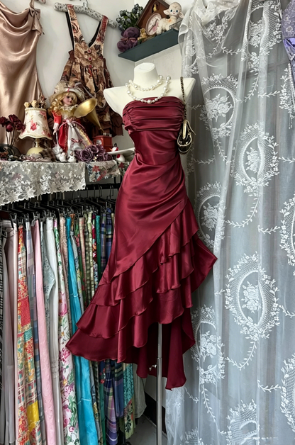 Robes de bal de fin d'année, robes de retour à la maison, tenues d'anniversaire mi-longues en satin couleur champagne sans bretelles style sirène vintage N3740