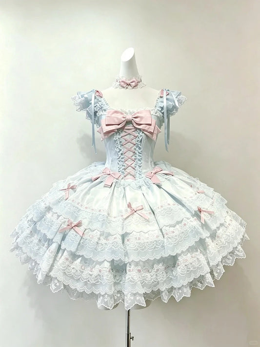 Cute Ball Gown Square Neck Lace Blue Pink With Bow Tiered Layers Outfit Lolita Dresses Inspo Senior Birthday Homecoming Dress RB4802