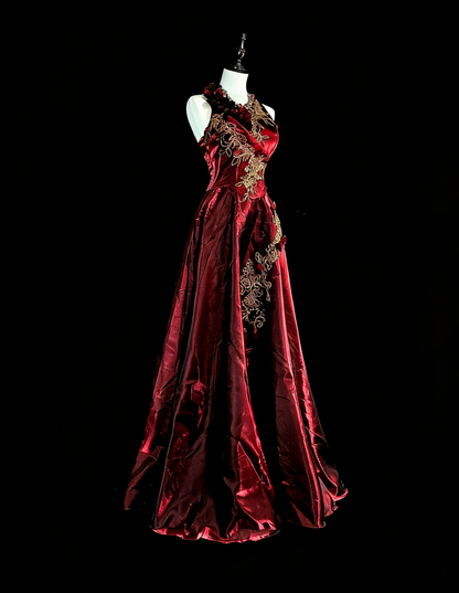 Vintage A-Linien-Abendkleid aus burgunderrotem Satin im Stil der 80er Jahre, formelles Geburtstagskleid, langes Ballkleid N1758
