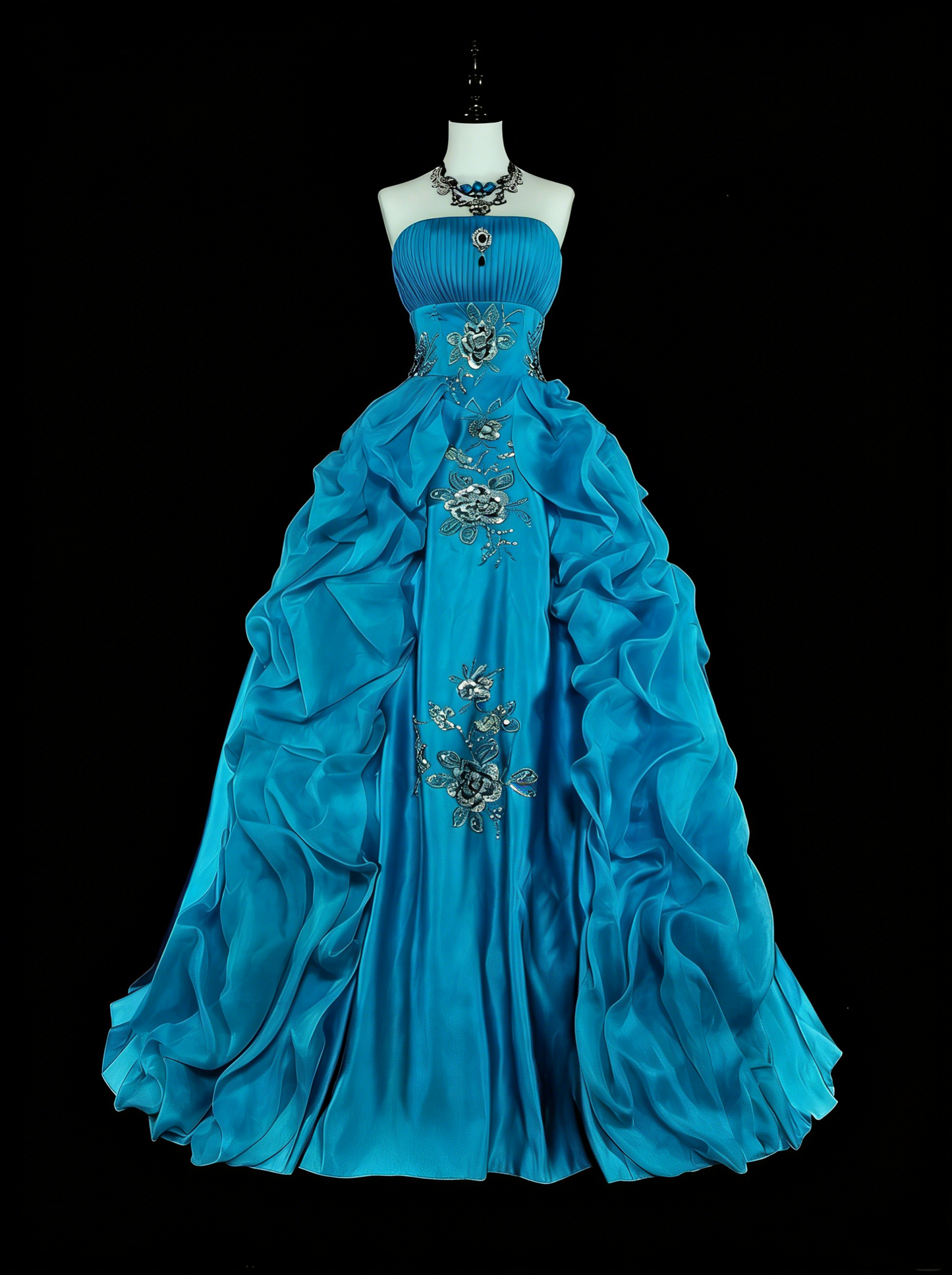 Vintage 1760s Ball Gown Strapless Blue Organza Sleeves Pleated Long Prom Dresses N1586