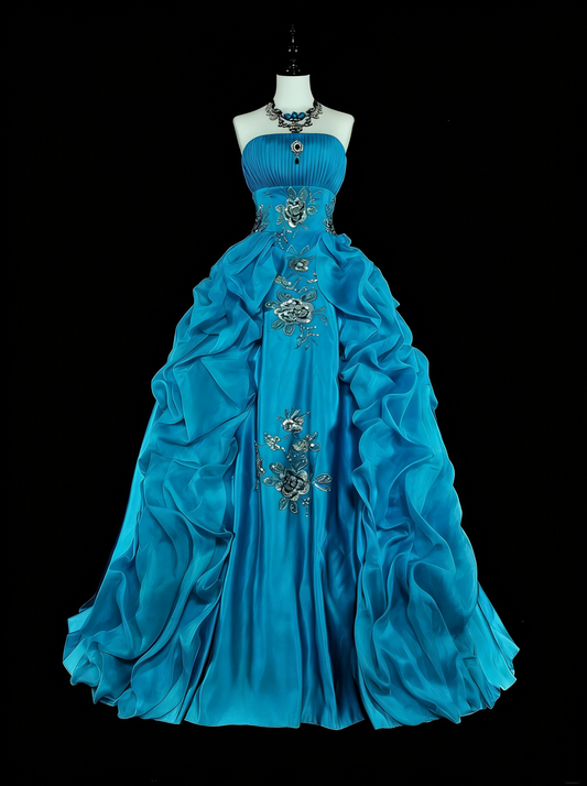 Vintage 1760s Ball Gown Strapless Blue Organza Sleeves Pleated Long Prom Dresses N1586