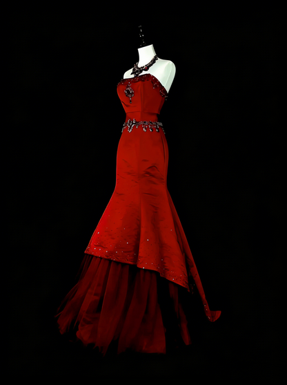 Vintage Abschlussballkleider Meerjungfrau Rot Trägerlos mit Perlenstickerei 1970er Lang Abendkleid N2699