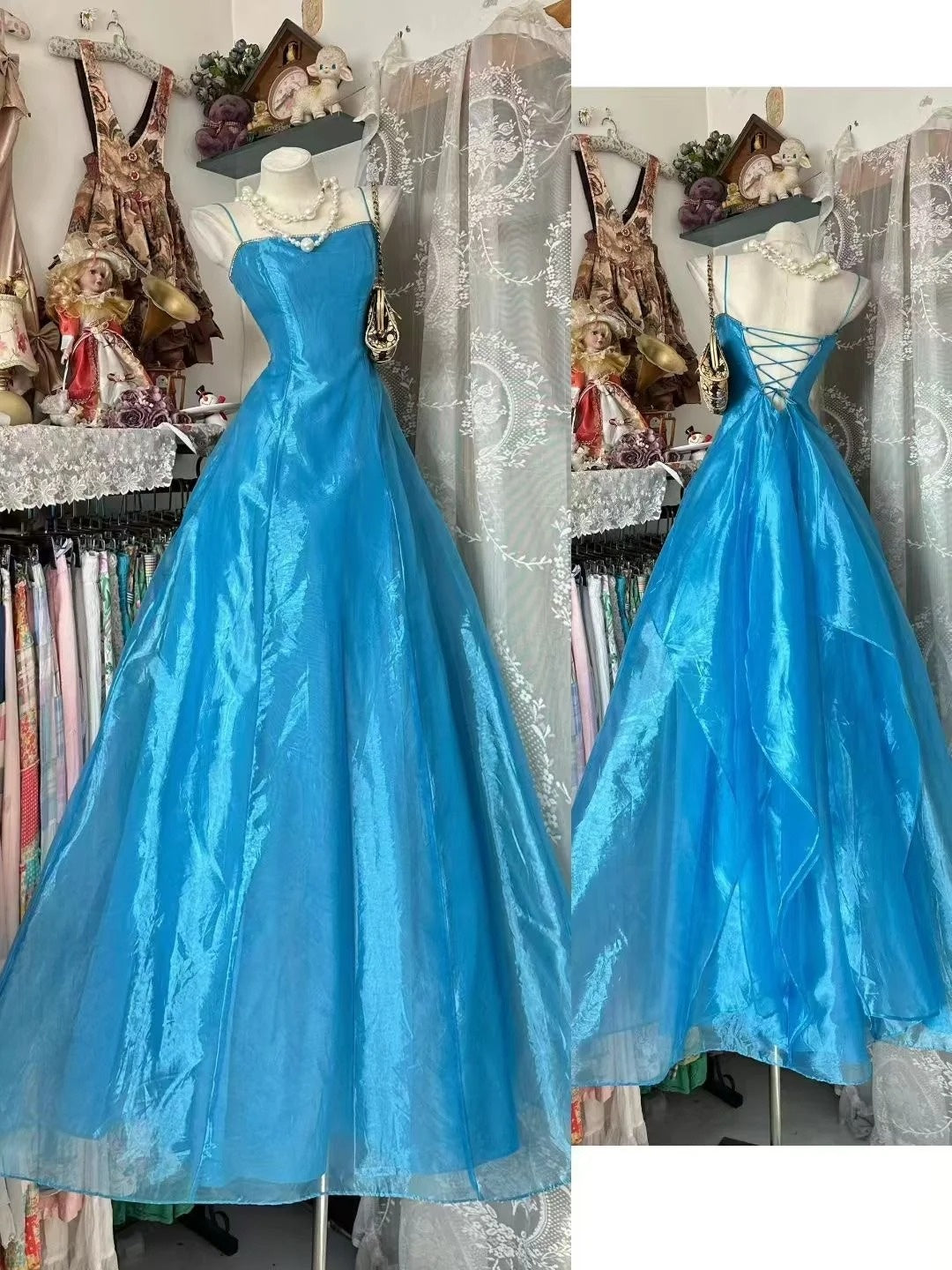Robe de bal élégante à fines bretelles bleues, longue, idéale pour un bal de fin d'année, une soirée, un 18e anniversaire ou une remise de diplôme (N906)
