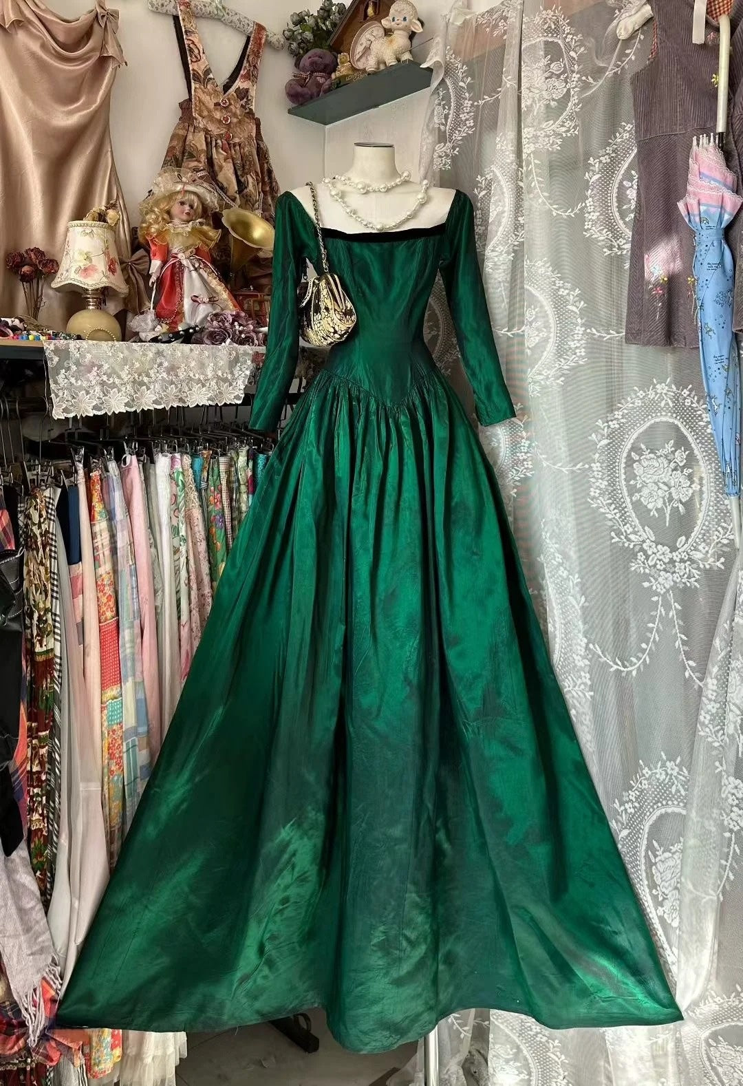 Robe de bal vintage verte longue à col carré, robe de soirée, tenue pour un 18e anniversaire, robe de remise de diplôme N908
