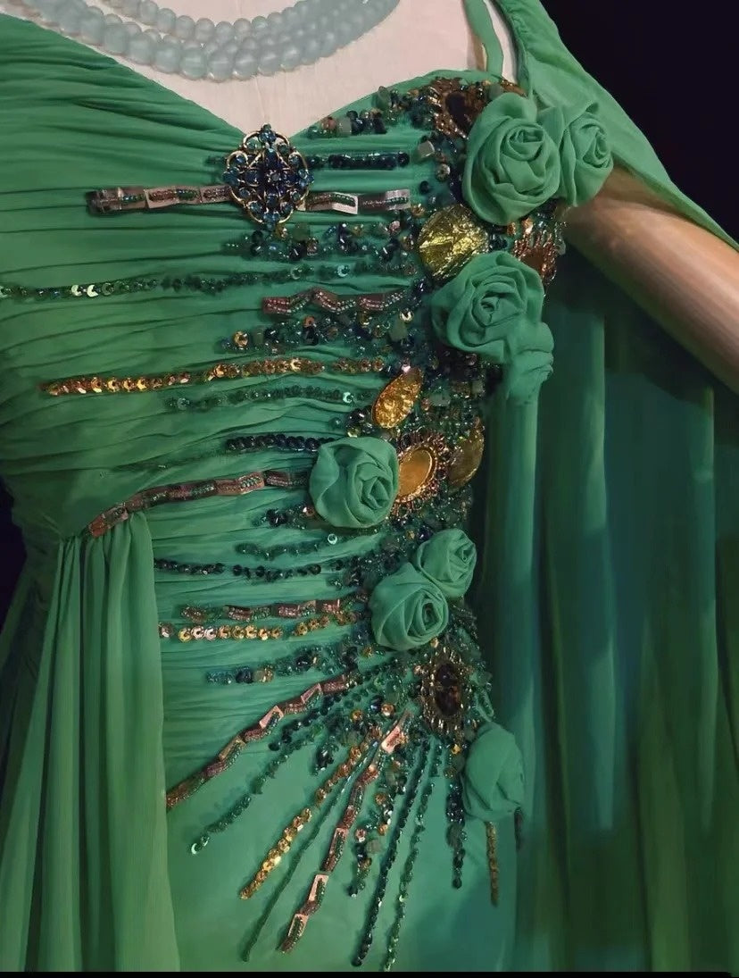 Elegant Prom Dresses Inspo Mermaid Chiffon Green With Flowers Beading For Women Formal Dress N3232
