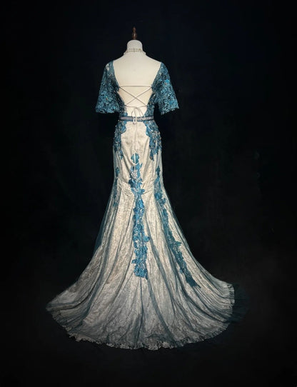 Inspiration Robes de bal vintage Sirène Dentelle Bleu Tulle Dentelle Années 80 avec Appliques Robes de soirée N3366