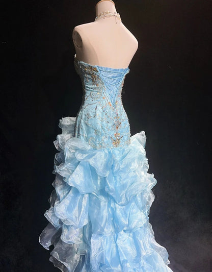 Vintage Prom Dresses High Low Sweetheart Blue Sleeveless 80s Long Formal Gown N2862