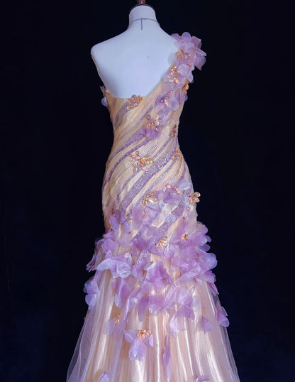 Verträumte 90er Abschlussballkleider Meerjungfrau One-Shoulder Flieder mit 3D-Blumen Formelle Abendgarderobe N3802