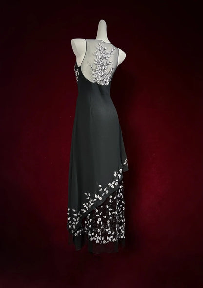 Vintage Prom Dresses A Line V Neck Black Chiffon With Embroidery 2000s Long Party Evening Formal Gown RC1149