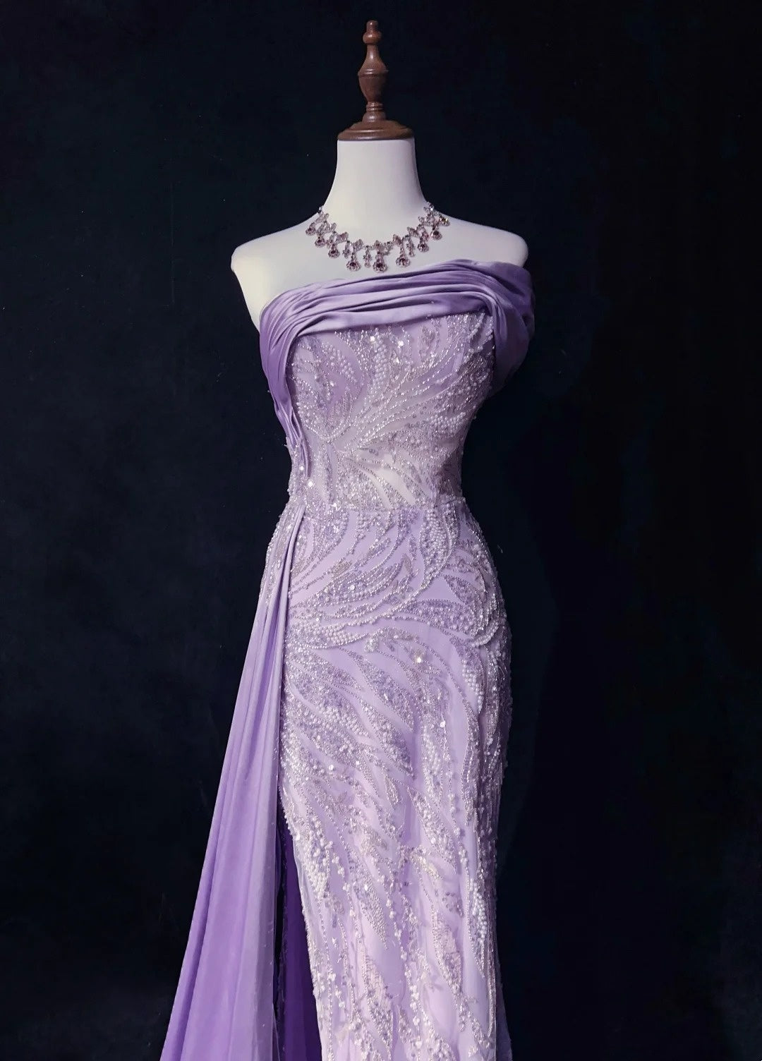 Robe de bal vintage Inspo sirène bustier lilas sequinée avec perles fendues années 80 longue robe de soirée N2742