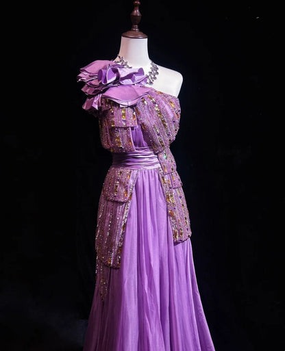 Inspiration Robes de bal vintage, ligne A, une épaule, mousseline lilas, années 1990, avec perles, robes de soirée N3324