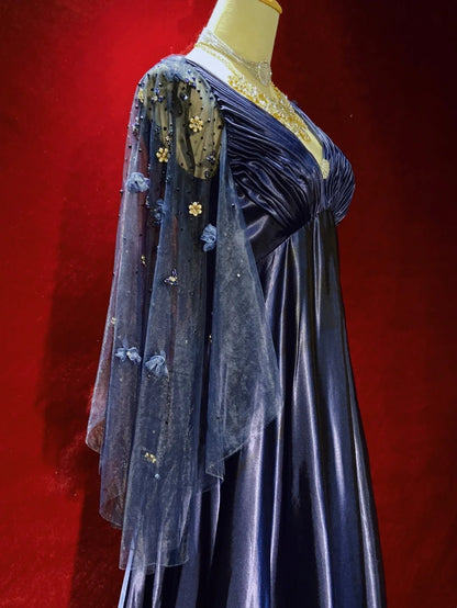Vintage Ballkleider Inspo A-Linie Empire V-Ausschnitt Marineblau Satin 90er Mit Ärmeln Abendkleider N3314