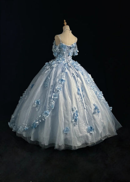 Magnifique robe de bal de promo en tulle bleu, style princesse, avec des appliqués, décolleté épaules dénudées, longue robe de soirée N2926