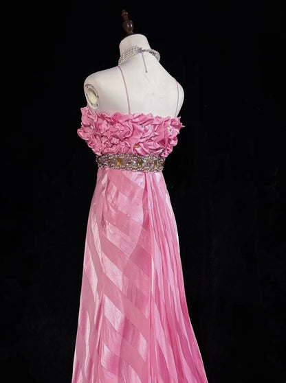 Robes de bal vintage, sirène rose à fines bretelles avec dentelle dorée, longues tenues de soirée formelles N3862