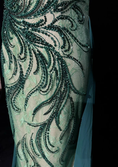 Vintage Ballkleider Meerjungfrau Spaghettiträger Grün Perlen 90er Lang Formelles Abendkleid N2649