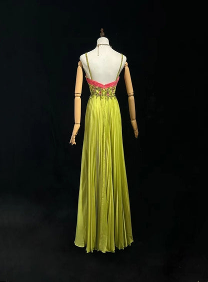 Vintage Prom Dresses A line Spaghetti Strap Pink Green Chiffon With Beading 1960s Long Formal Gown N2610