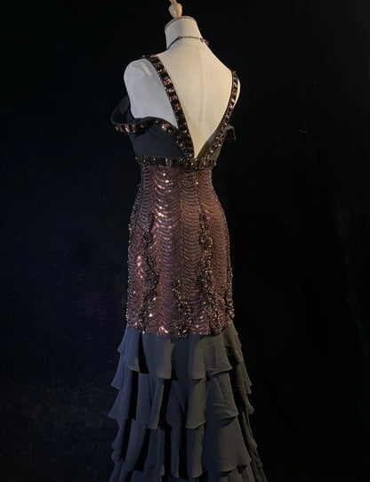 Robes de bal scintillantes sirène à fines bretelles en mousseline noire avec manches, tenues de soirée, longue robe de cérémonie RB3259
