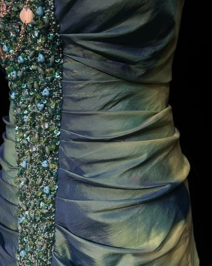 Élégantes robes de bal sirène en taffetas vert bustier perlé sans manches longue robe de soirée N2896