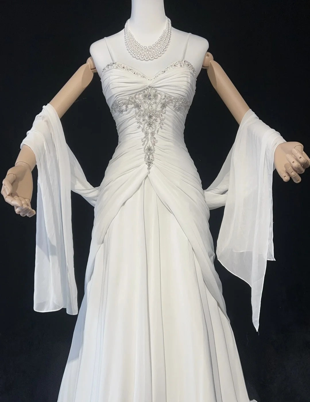 Zeitlose Brautkleider Meerjungfrau Spaghettiträger Weiß Chiffon Mit Schal Langes Brautkleid N3063
